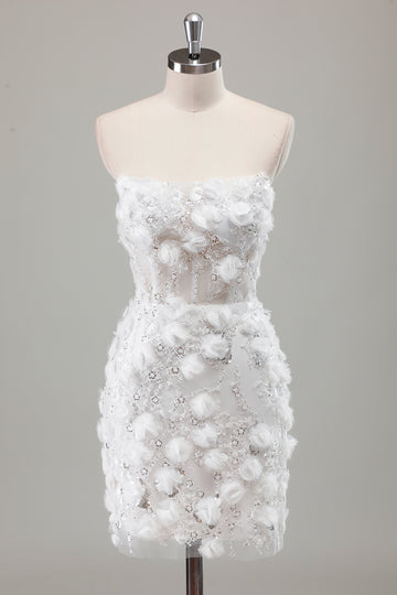 Ivory Strapless Beaded Tight Short Wedding Dress with Appliques